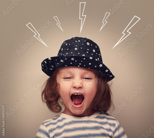 Shouting angry small kid with open mouth and lightnings above