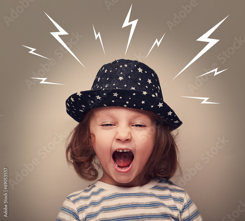 Angry kid in hat screaming white lightnings above on dark