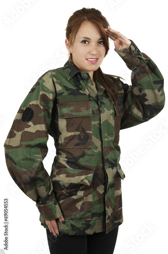 Happy teenage young girl wearing green military jacket