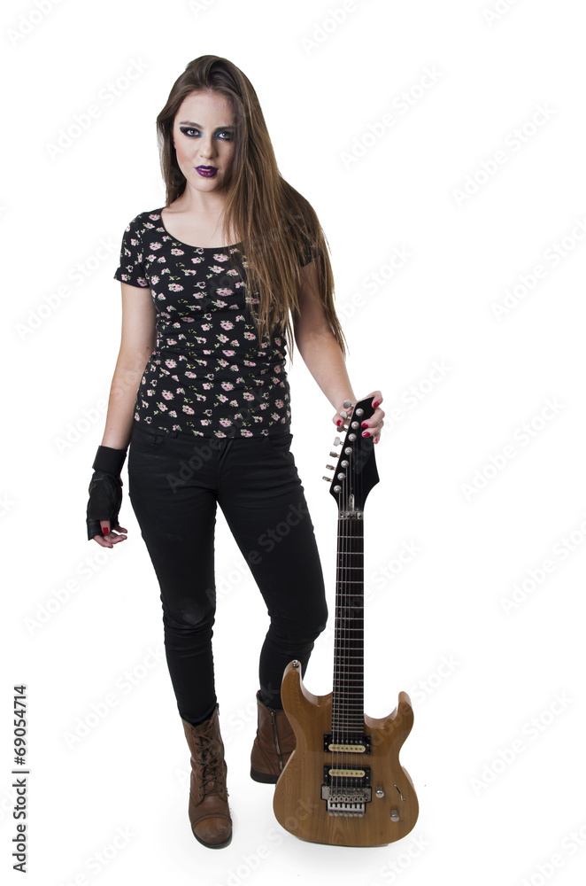 Beautiful rocker punk girl with colorful makeup holding electric Beautiful rocker punk girl with colorful makeup holding electric