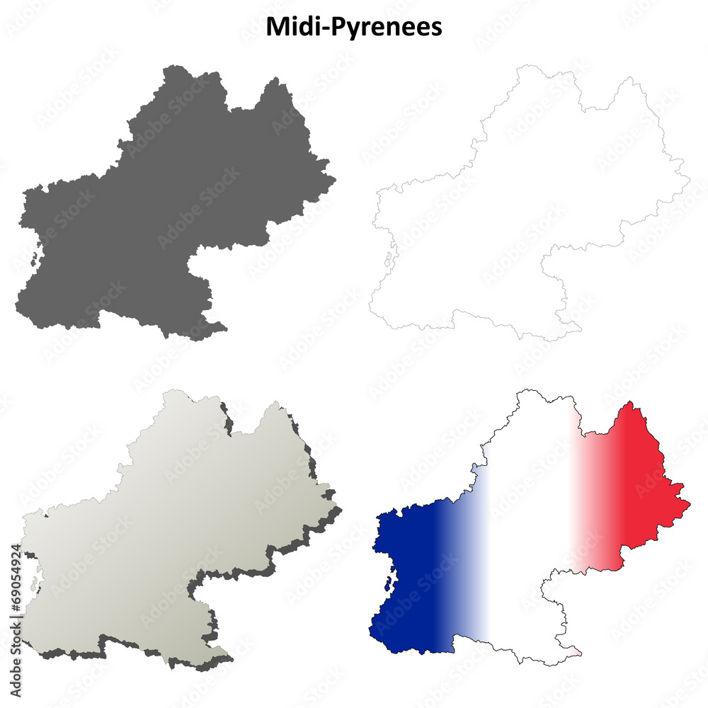 Midi-Pyrenees blank detailed outline map set