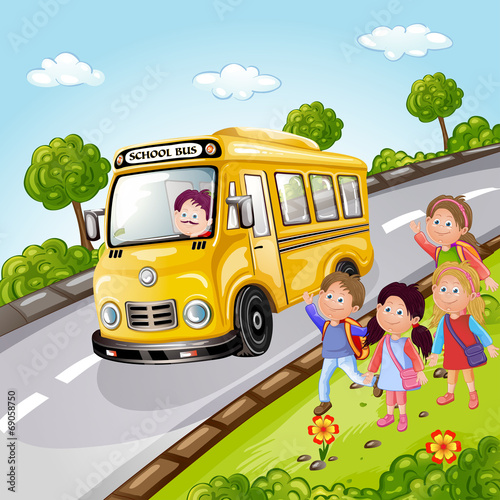Illustration of kids and school bus in nature