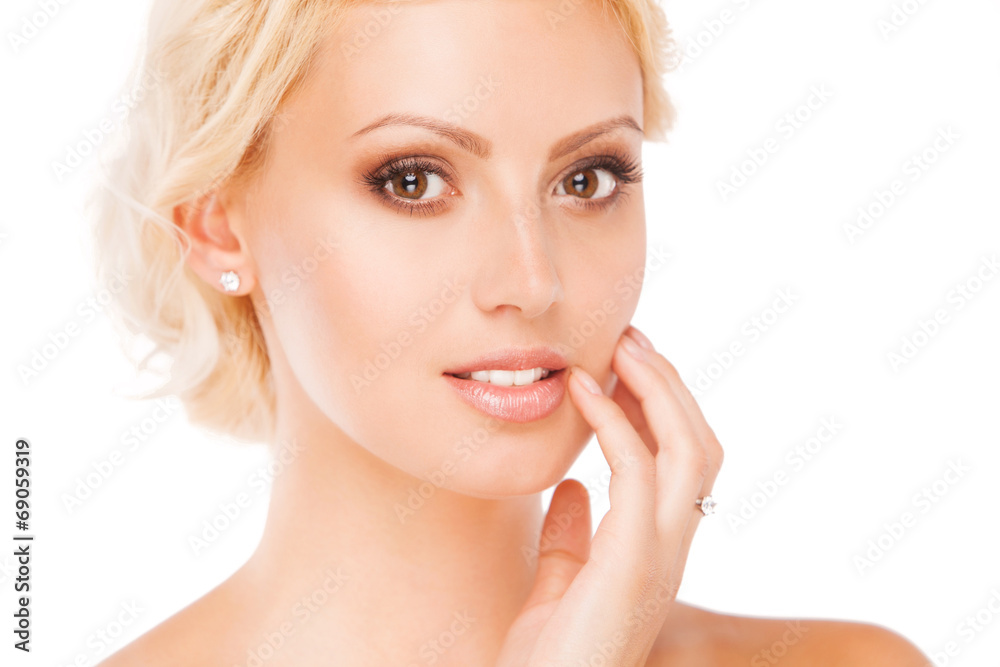 Portrait of beautiful female model on white Portrait of beautiful female model on white