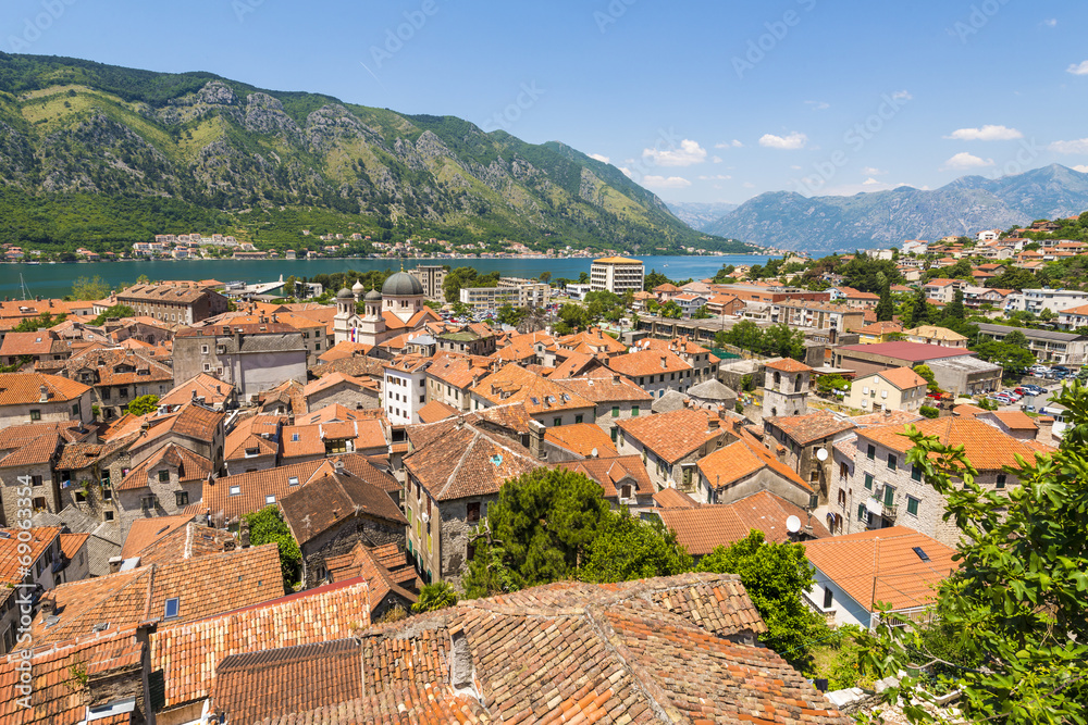 The old town of Kotor Bay and the mountains. Montenegro