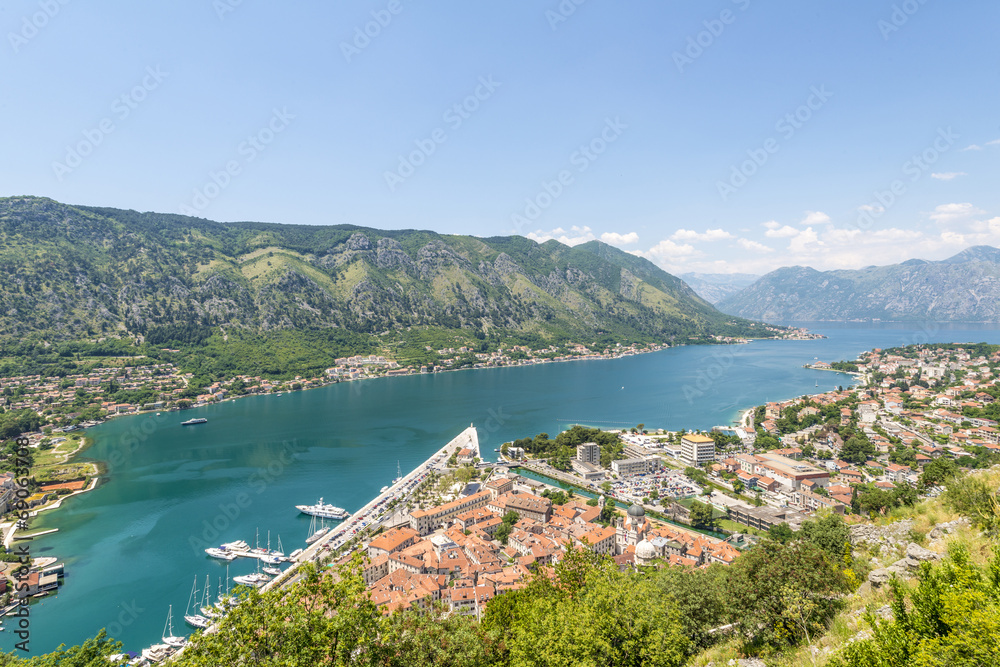 the old town of Kotor Bay and the mountains. Montenegro