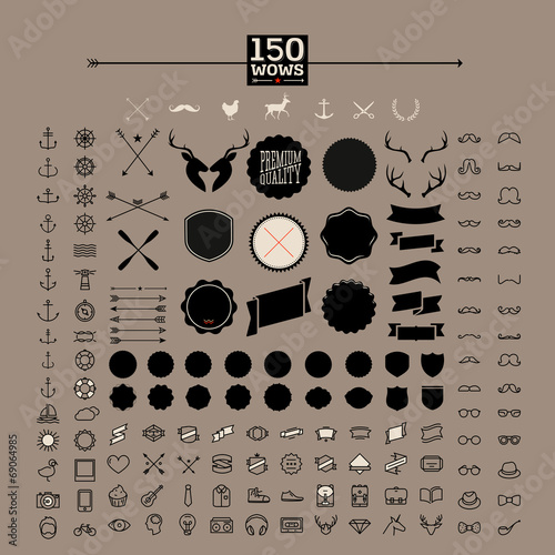 150 WOW awesome hipster icon, label, sticker and badge,