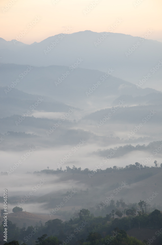 Mountain range with mist in the morning