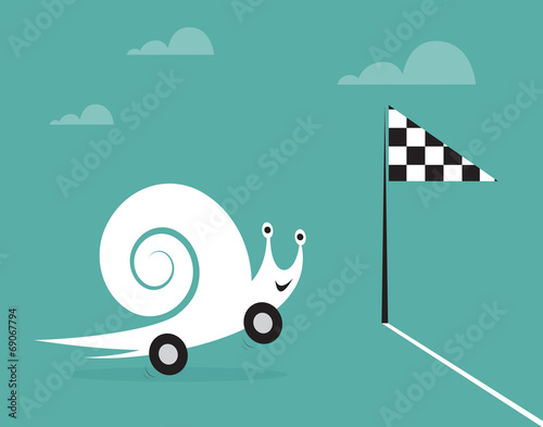 Snail on wheels like a car. Concept of speed and success.