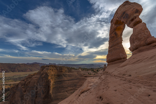 Beautiful sunset sky south side view of Delicate Arch