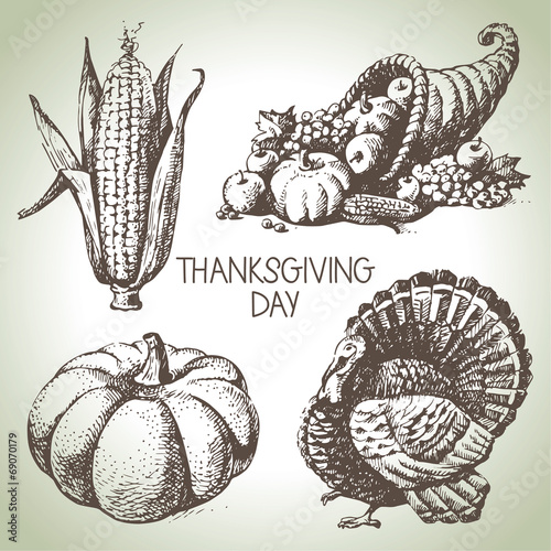Thanksgiving Day set. Hand drawn vintage illustrations