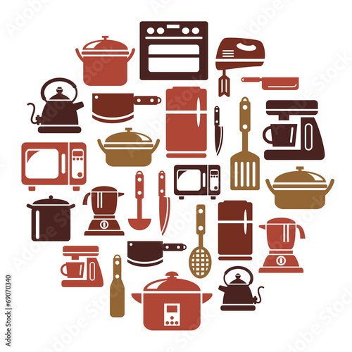 Kitchen Utensils and Appliances Icons in Circle Shape