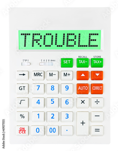 Calculator with TROUBLE on display on white background
