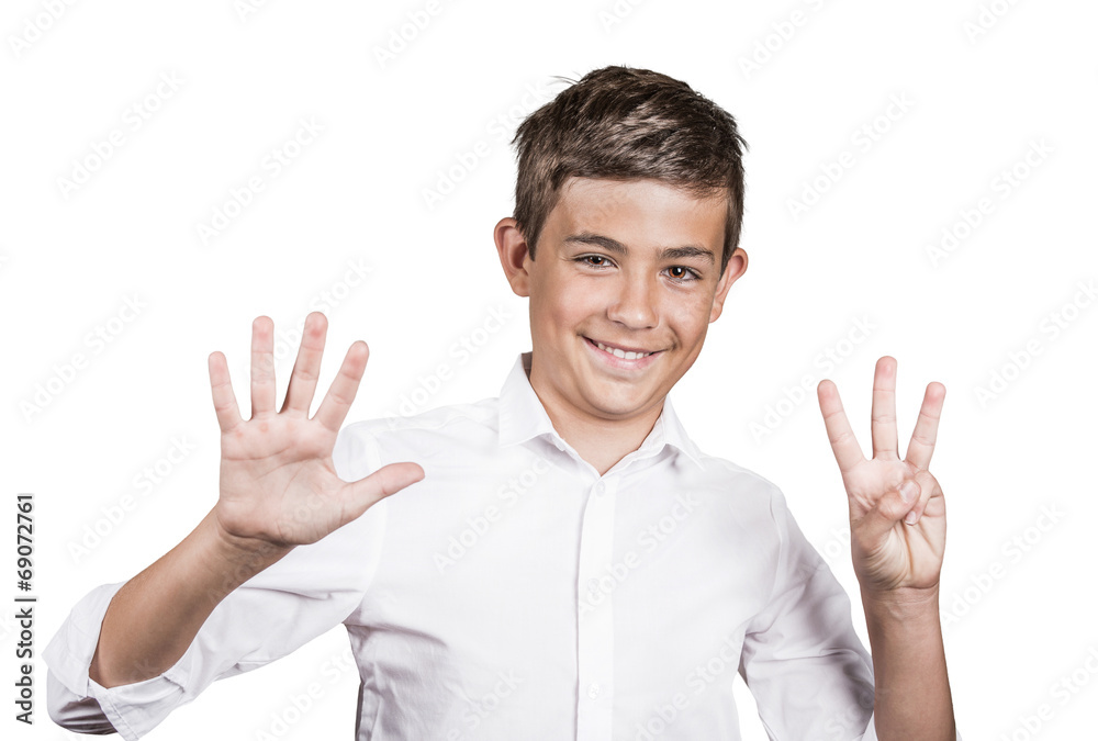 Happy teenager showing eight fingers, number 8 gesture Happy teenager showing eight fingers, number 8 gesture