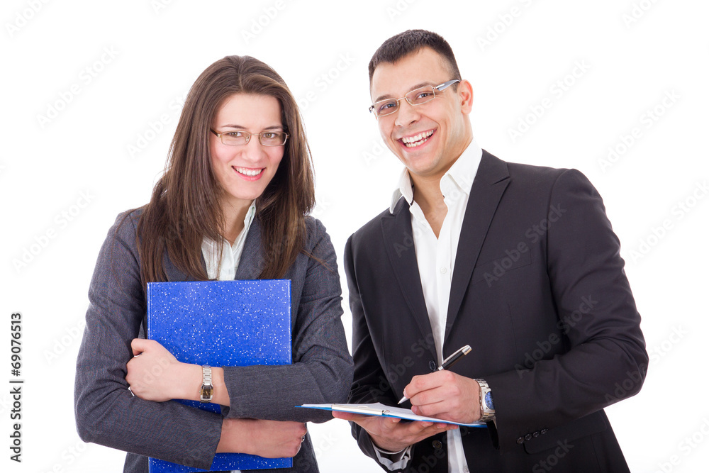 businessman and his young secretary with notes businessman and his young secretary with notes