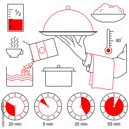Waiter's hand with salver and cooking icons