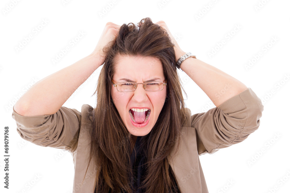 stressed woman pulling her hair in frustration stressed woman pulling her hair in frustration