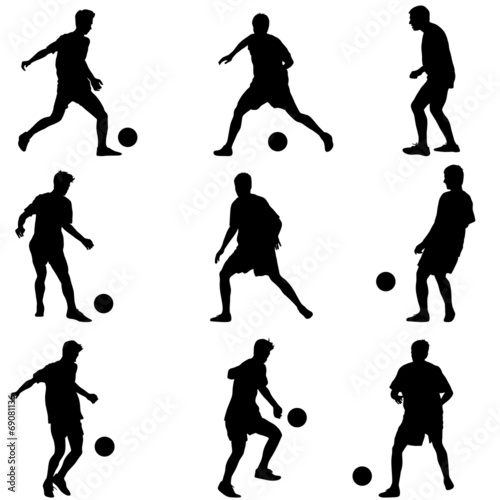Different poses silhouettes of soccer players with the ball. Vec