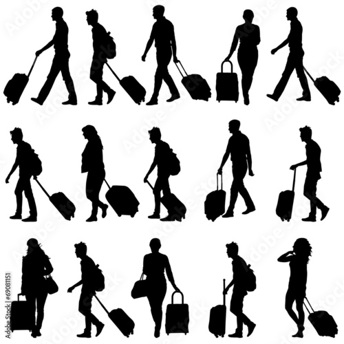 Black silhouettes travelers with suitcases on white background.