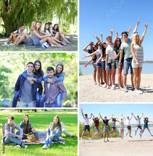 Collage of images with happy friends on beach
