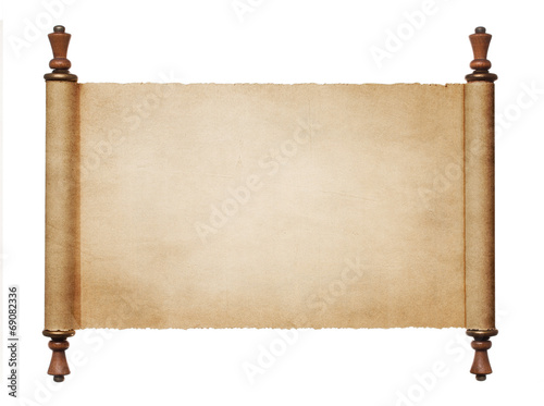 Vintage blank paper scroll isolated on white background with cop photo