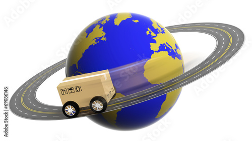 Fototapeta Naklejka Na Ścianę i Meble -  Earth circled by highway with box on wheels isolated