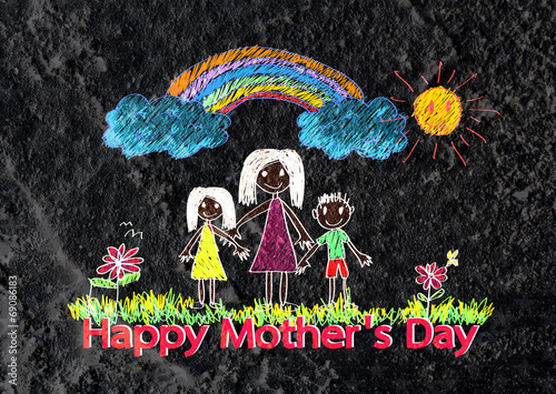 Happy mothers day card with family cartoons in illustration on w