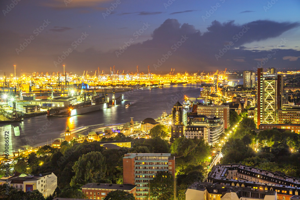 Aerial view on the port of Hamburg at the evening
