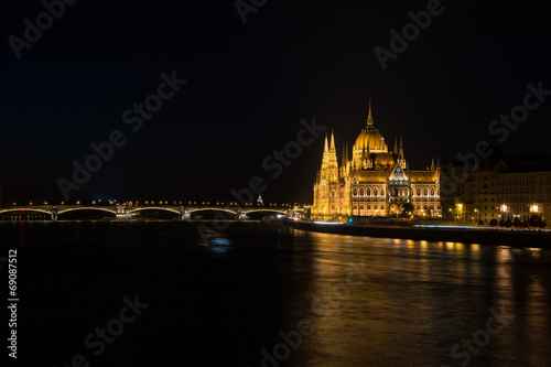 Nighttime river view of the parliament building in Budapest Hung © doethion
