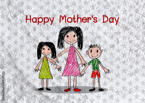 Happy mothers day card with family cartoons in illustration on w