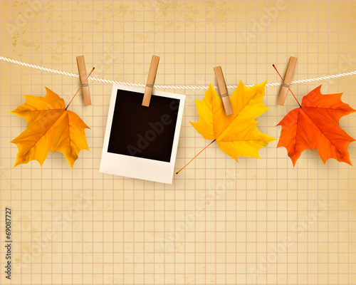 Autumn background with colorful leaves on rope. Vector illustrat