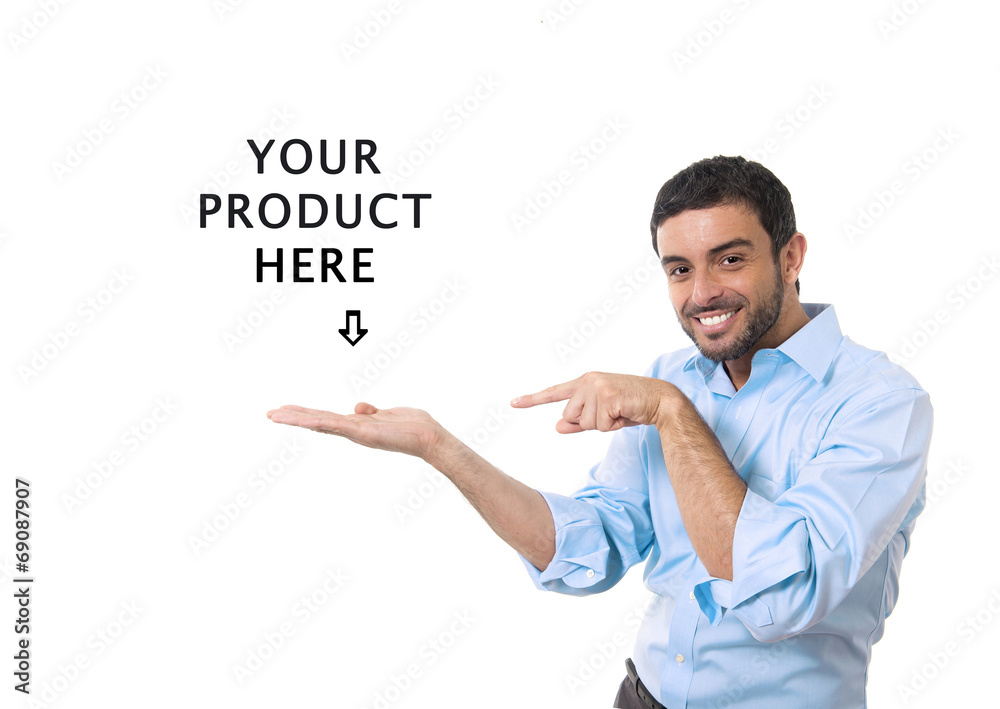 business man showing blank copy space above palm business man showing blank copy space above palm