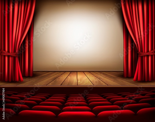 Fotografie, Obraz A theater stage with a red curtain, seats. Vector.