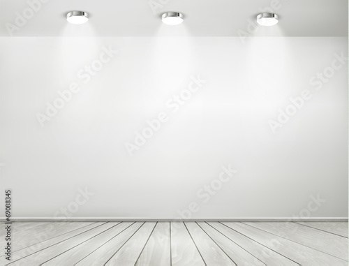 Grey room spotlights and wooden floor. Showroom concept. Vector.