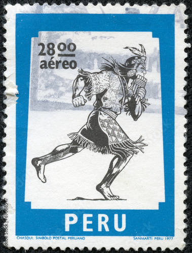 stamp printed in Peru shows The chasqui photo