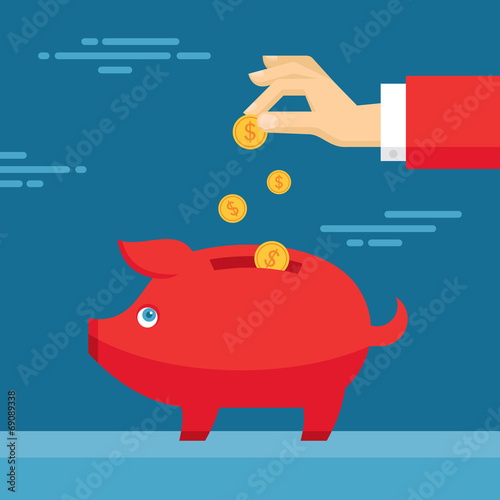Human Hand and Moneybox. Illustration in flat style.