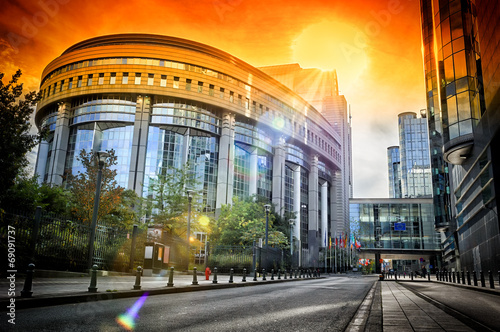 European Parliament building at sunset. Brussels, Belgium