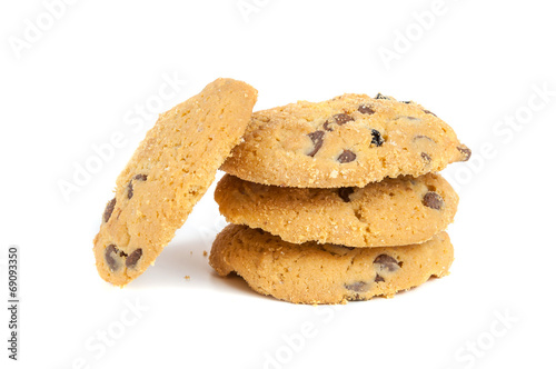Chocolate chips cookies on white background