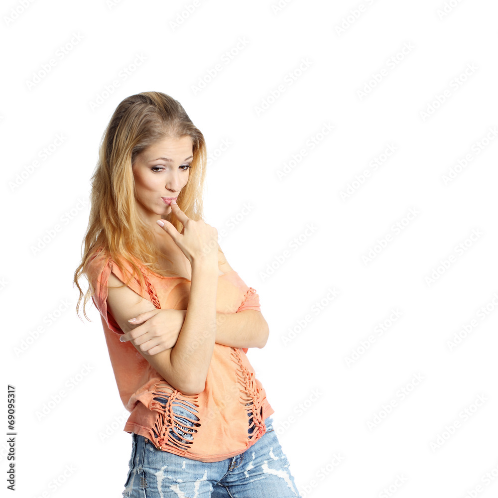 Attractive girl surprised and shocked looks down Attractive girl surprised and shocked looks down