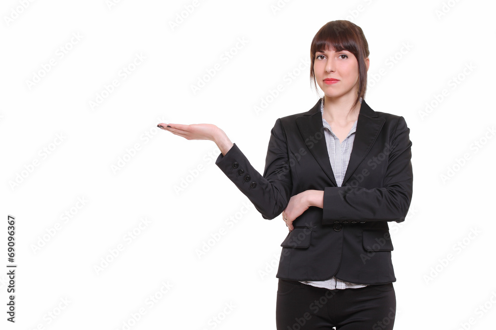 Businesswoman smile point hand to empty copy space Businesswoman smile point hand to empty copy space