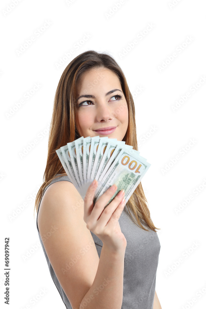 Business woman thinking and holding money Business woman thinking and holding money