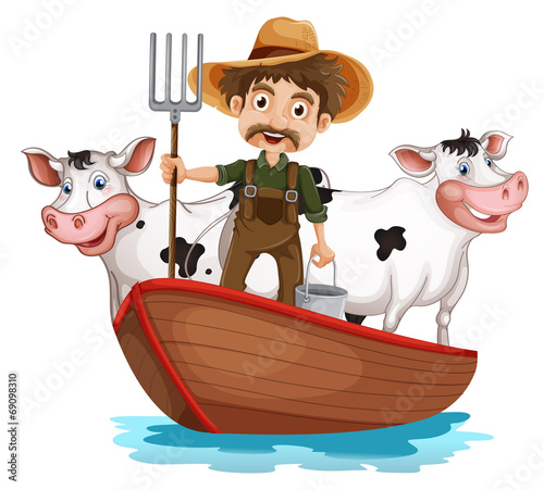 A boat with a man and two cows
