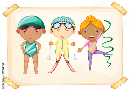 A frame with three sporty kids