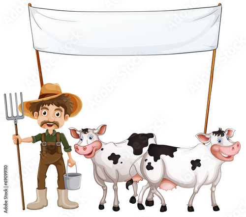 A farmer and his cows near the empty banner