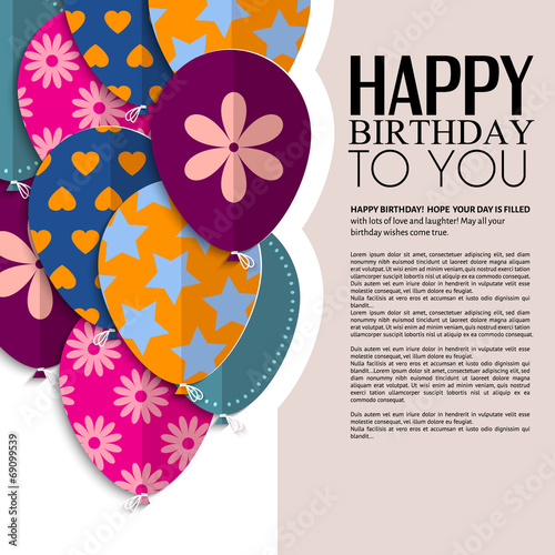 Vector birthday card with paper balloons and text.