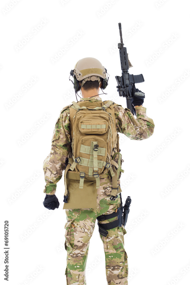Fototapeta premium back view of soldier with rifle or sniper