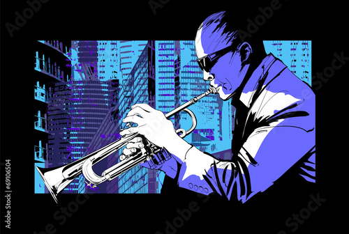 Jazz trumpet player over a city background