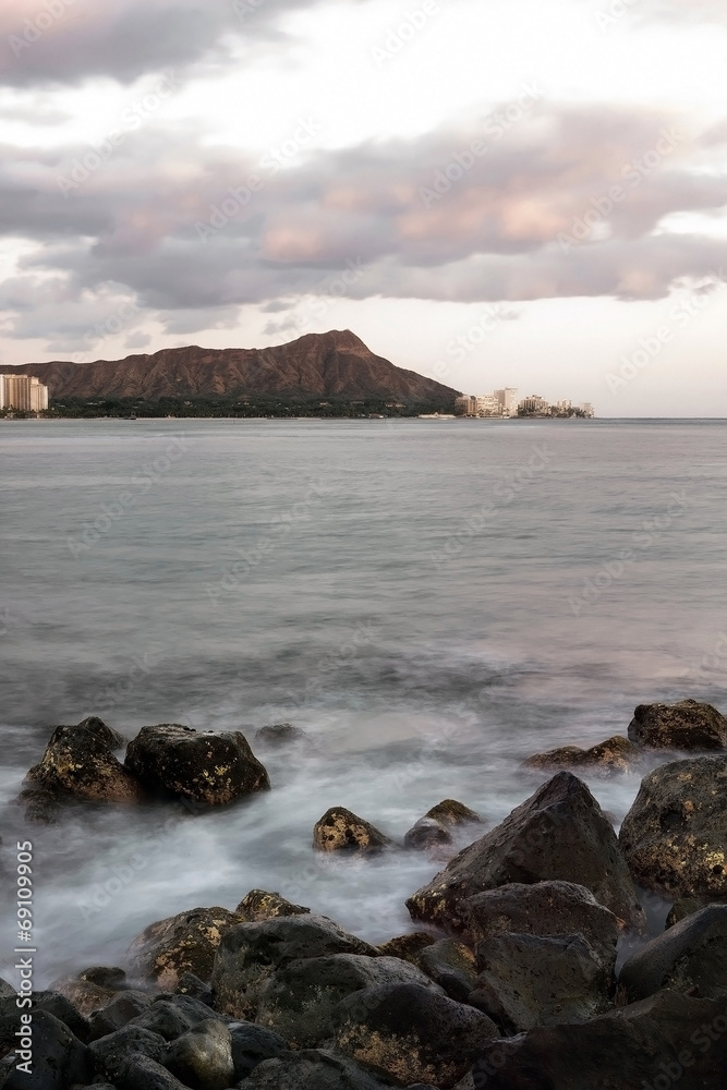 View of Diamond Head and Waikiki at dusk from Ala Moana Beach Pa