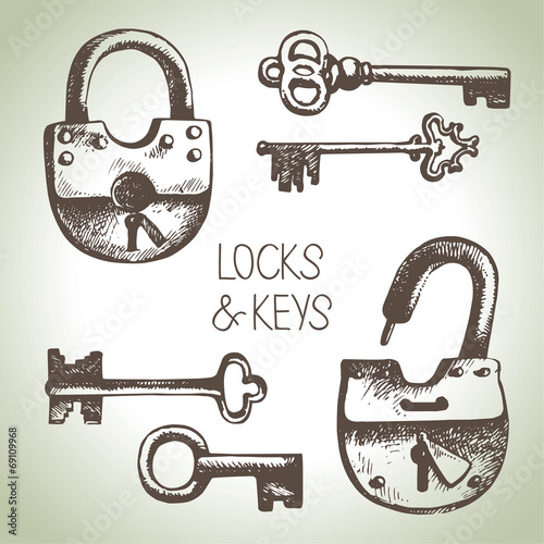 Hand drawn locks and keys set
