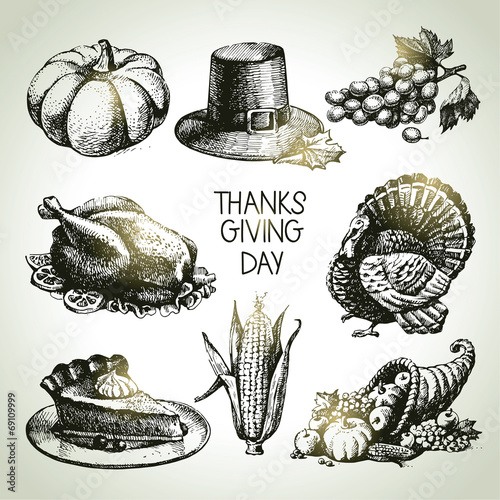 Thanksgiving Day set. Hand drawn vintage illustrations