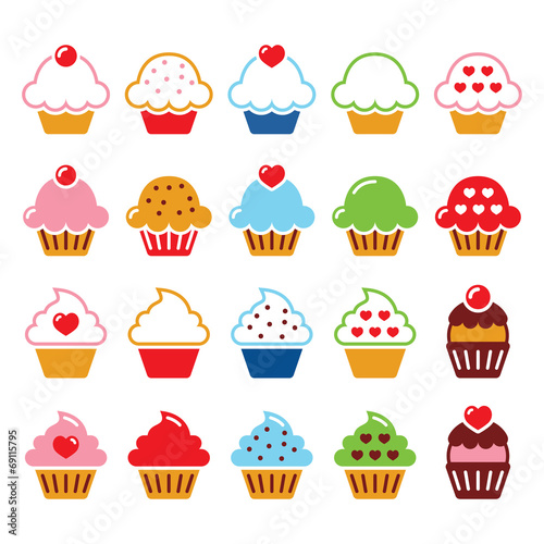 Cupcake with heart, cherry and sparkles cute icons set